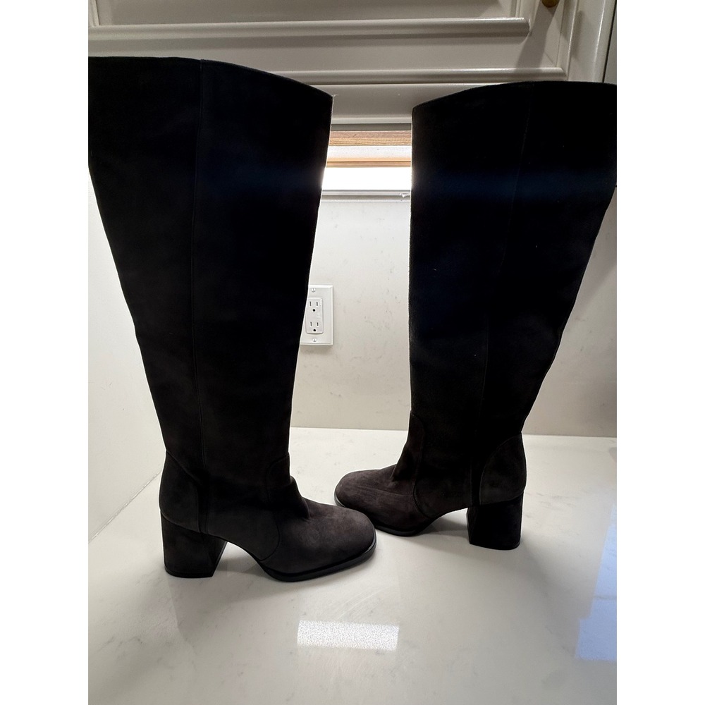 Stuart Weitzman Slate Gray Suede Knee High Block Heel Boots Square Toe Size 7B